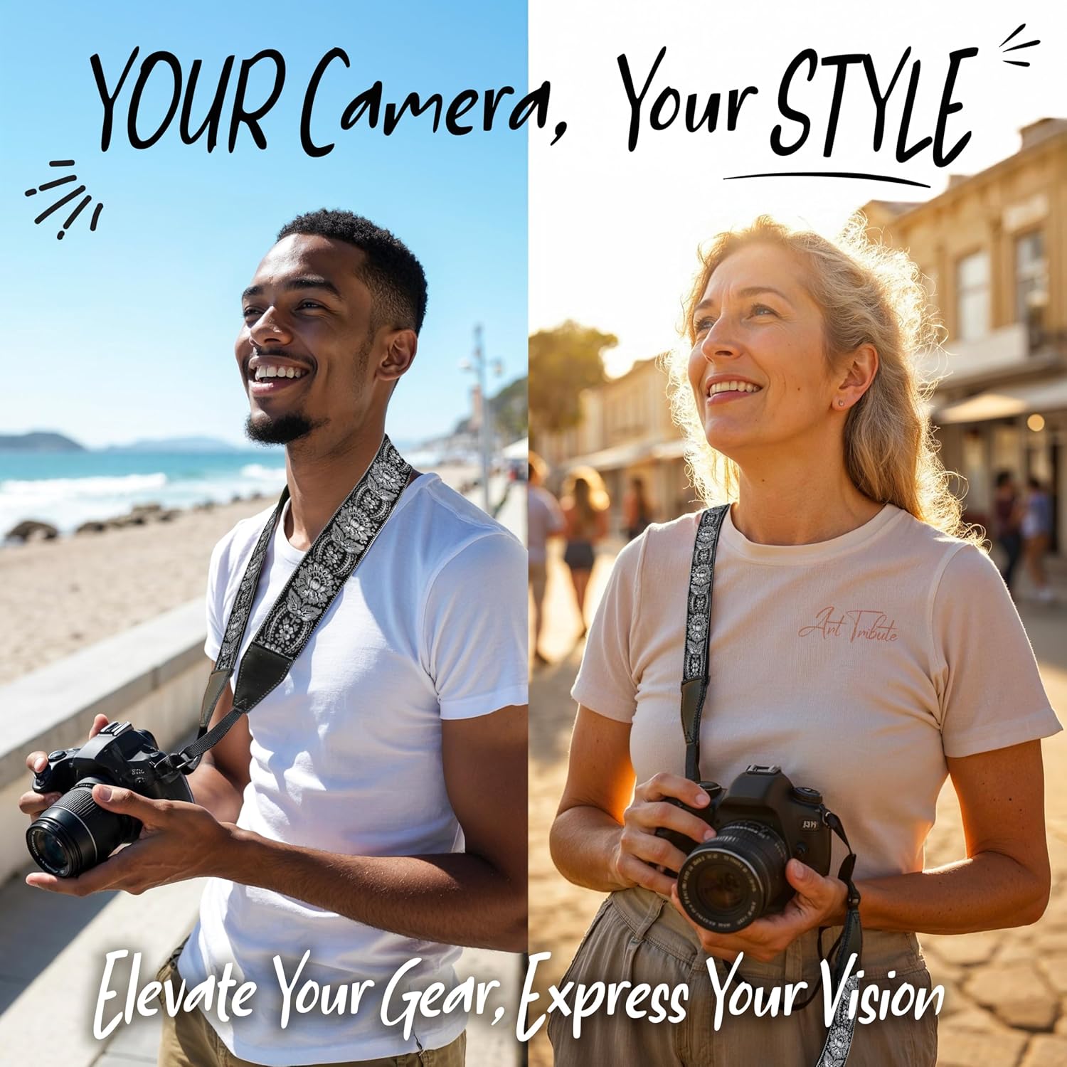 Art Tribute Camera Strap - Shoulder, Crossbody & Neck Camera Strap for Photographers, Fits All Cameras, Canon Nikon Sony Fujifilm, Padded Strap W/Quick Release, Embroidered Cotton & Leather Ends
