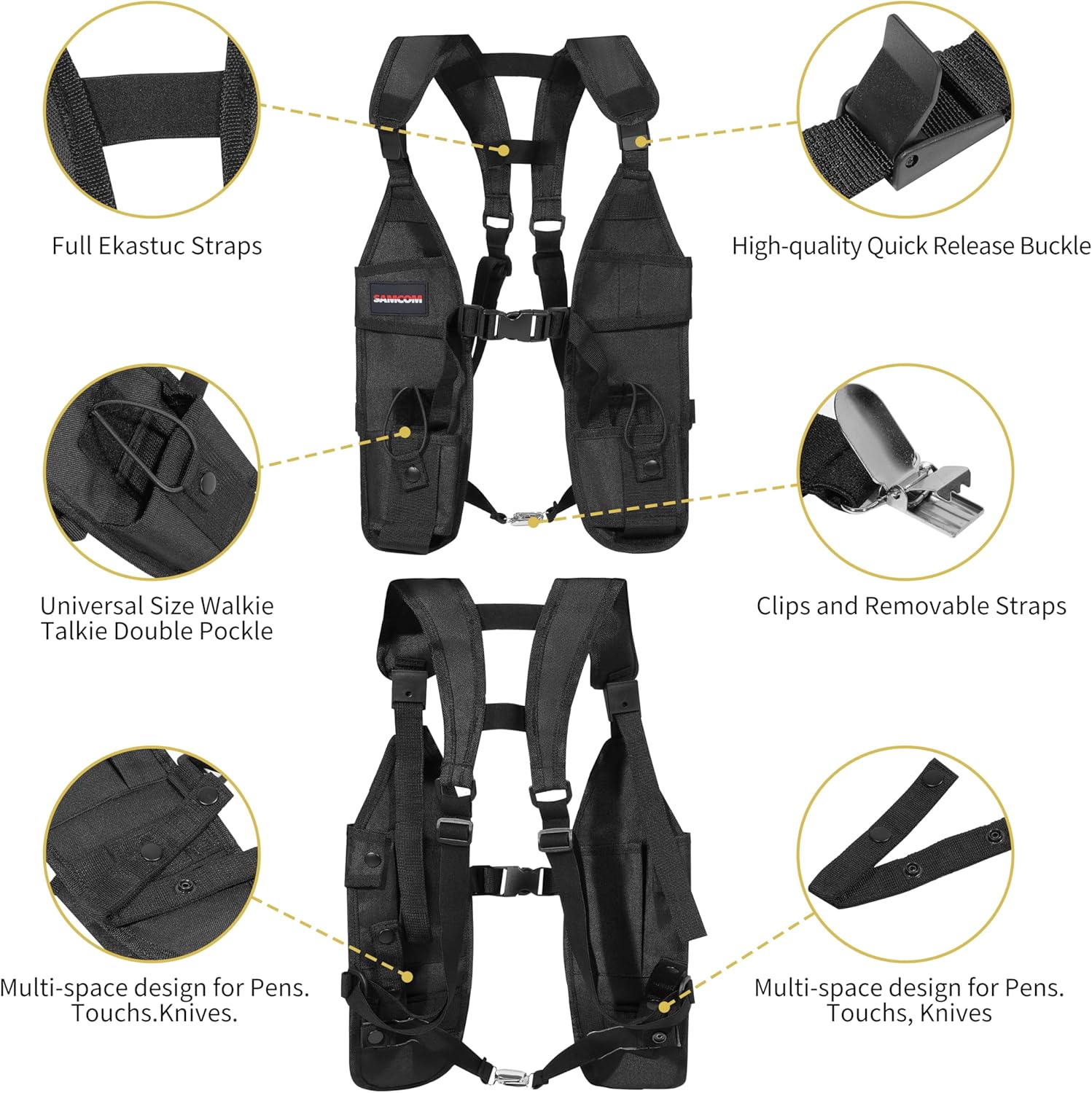 SAMCOM Universal Double Radio Shoulder Chest Rig Bag Pocket Pack Holster Vest for Two Way Radio Rescue Essentials
