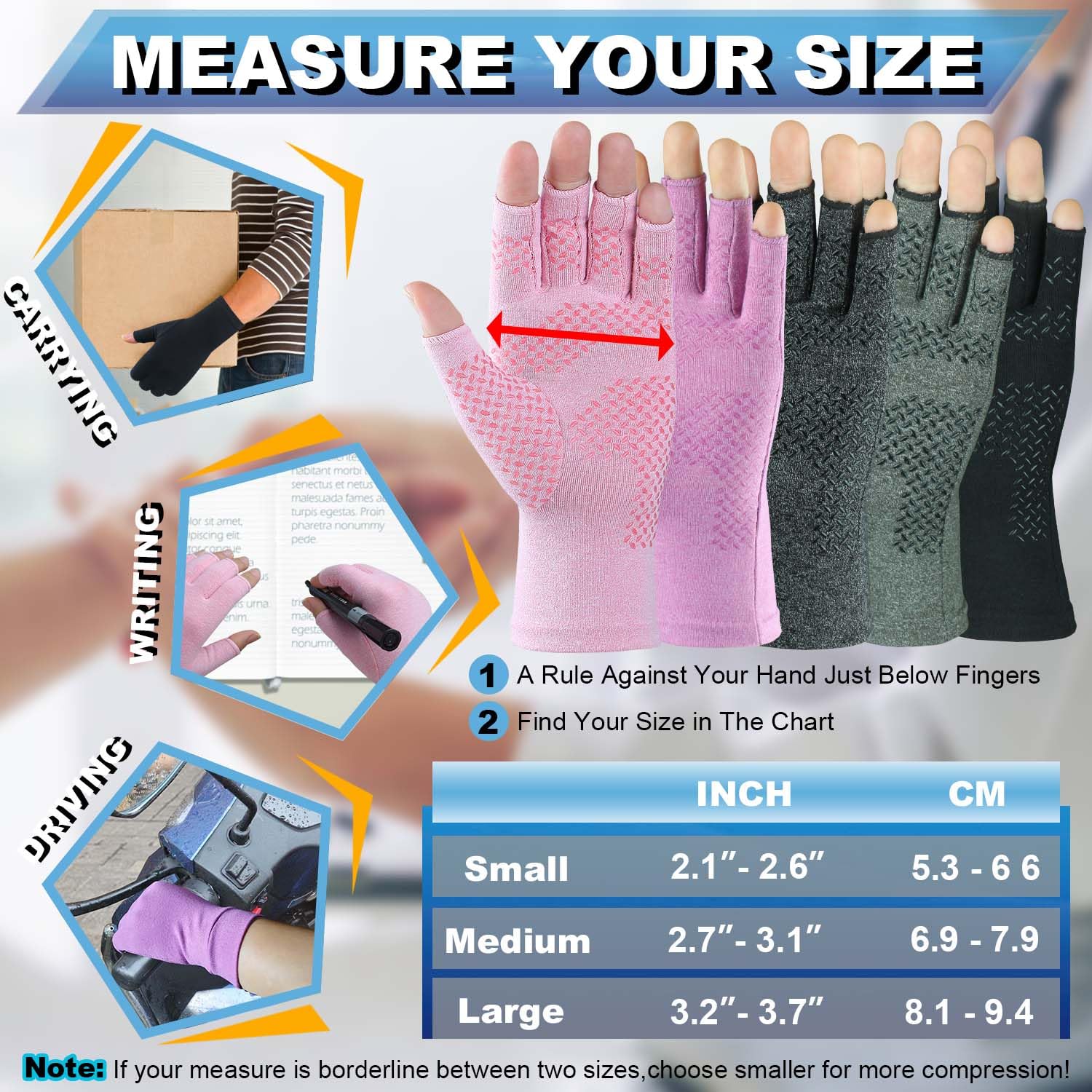 2 pares de guantes para artritis, para aliviar el dolor de manos, guantes de compresión para artritis, para mujeres y hombres, sin dedos
