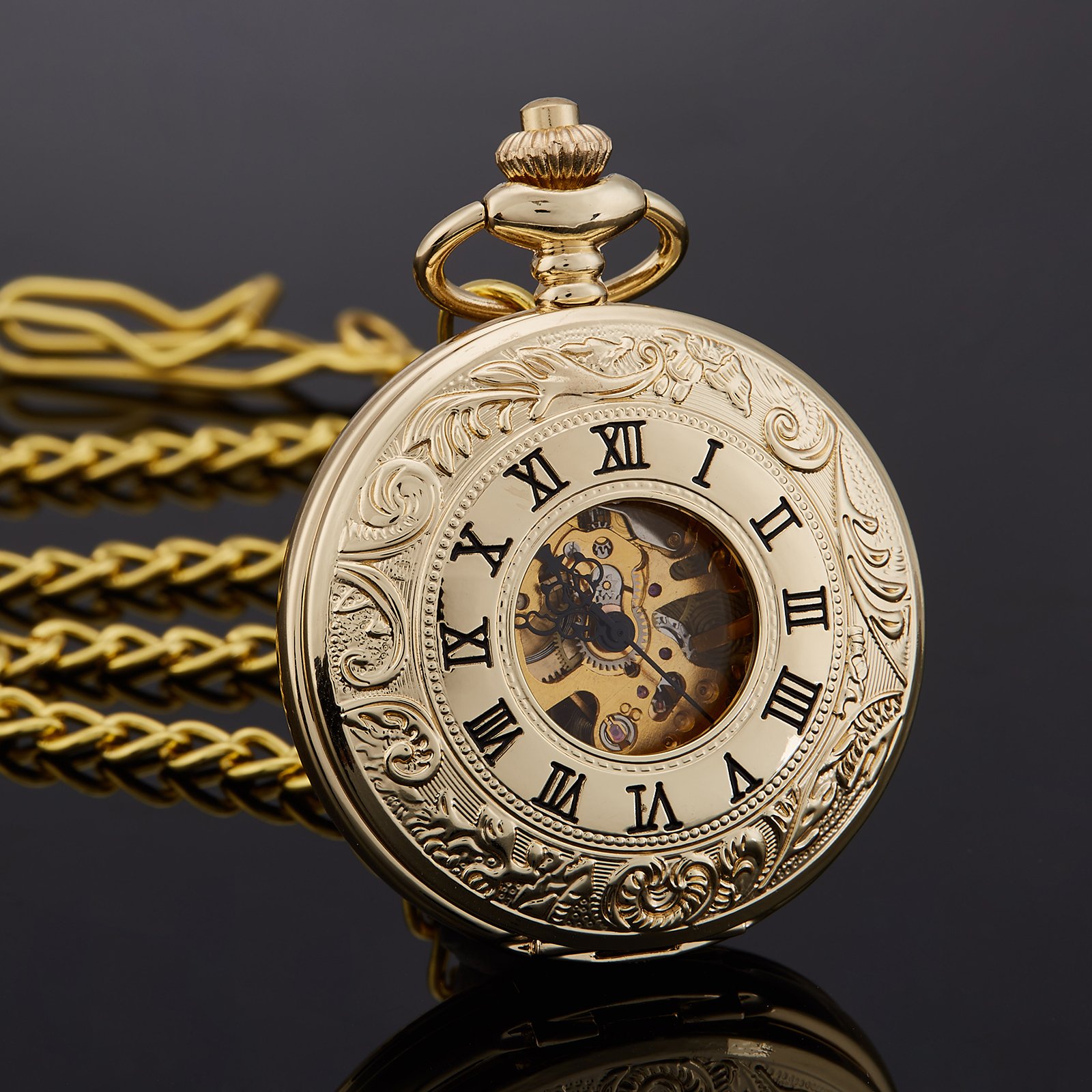 TREEWETO Unisex Taschenuhr mit Kette Analog Handaufzug Doppelscharnier Römische Ziffern Gold/Silber