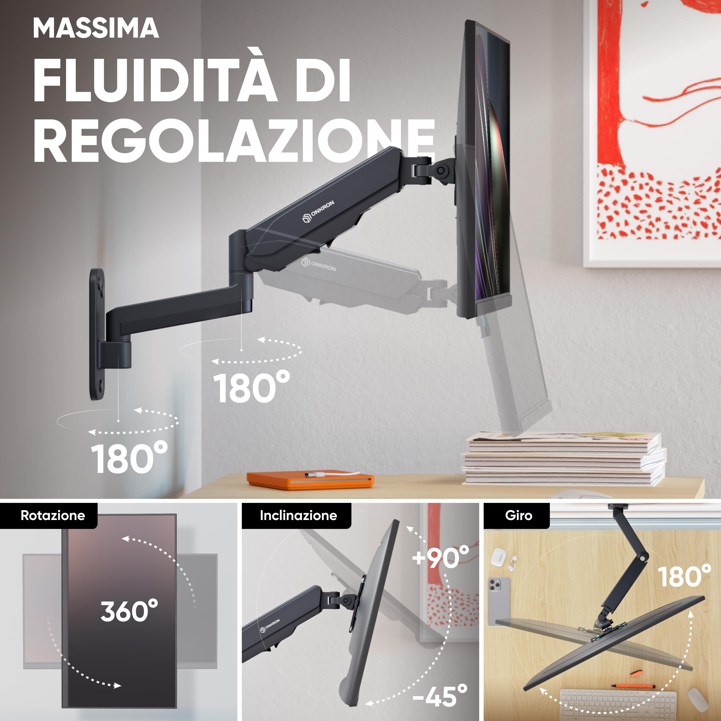 ONKRON Supporto Monitor Parete 13"-34", 8 kg, max VESA 100x100, G150-B | Braccio monitor da parete nero, inclinazione -45° / +90°, girevole, rotazione completa, cavi nascosti; per ufficio, studio