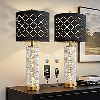 Oneach 27.75" Gold Modern Table Lamps Set of 2 with Crystal Nightlight, USB A+C Ports, Black Grid Shade - Bedside Lamps for Bedroom, Living Room (Bulbs Included)