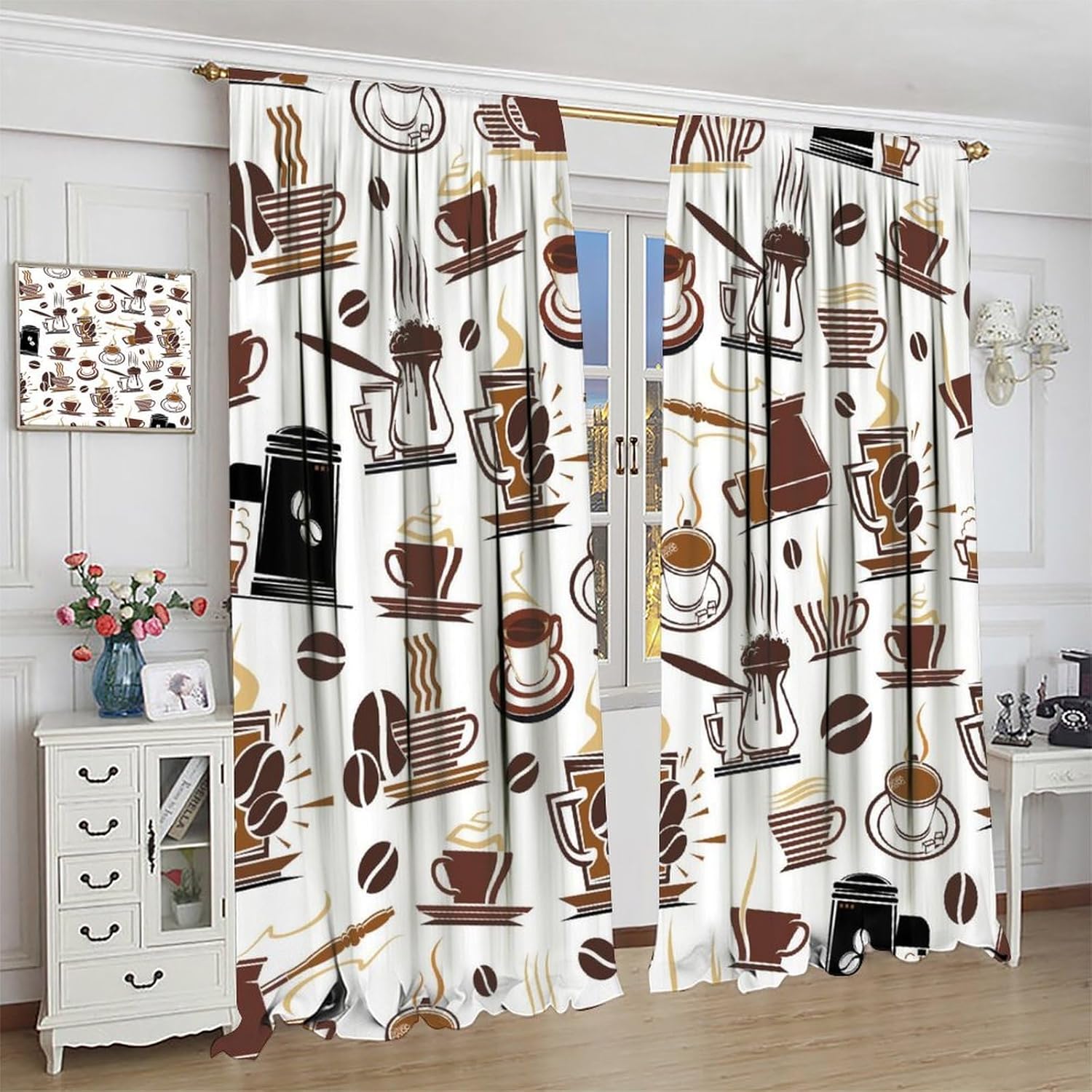 Modern Coffee Curtains, Minimal Brown Abstract Geometric Line Pot Cup Beans Seamless Pattern Home Decor Window Treatments, Blackout Rod Pocket Drapes For Living Room Bedroom Kitchen Cafe 42x63in