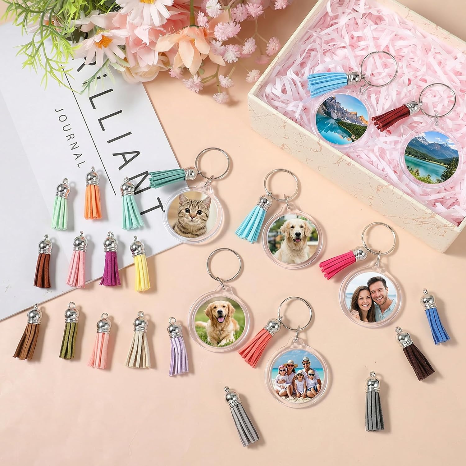 100pcs Acrylic Photo Frame Keychain with Tassels Acrylic Picture Keychain Blanks Snap-In Custom Insert Photo Keyring Clear Blank Picture Keyring Frame Keyrings Wallet Pictures Snap-in Frames Key Ring