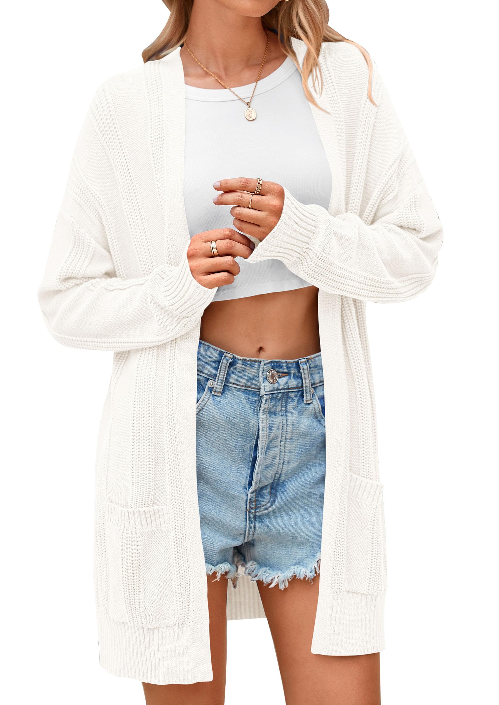 PRETTYGARDEN Womens Fall Loose Open Front Cardigan Long Sleeve Cable Knit Sweaters Lightweight Outwear with Pockets