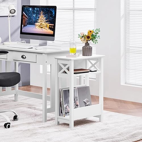 Miniatura 4 de Yaheetech Mesa auxiliar pequeña con estante de almacenamiento, mesa auxiliar delgada en forma de X de 3 niveles con revistero, sala de estar,