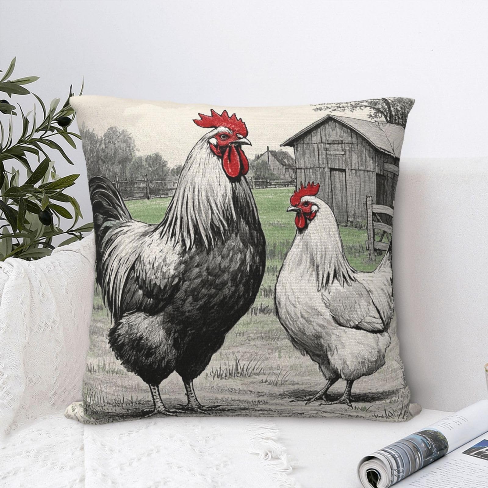 FodPand Luxury Velvet Throw Pillow Covers 20"x20" Super Soft Decorative Pillow Cases - Rooster and Hen Sketch Farm Pillowcases Modern Lumbar Cushion Cases for Couch Sofa Bed Pillow Shams