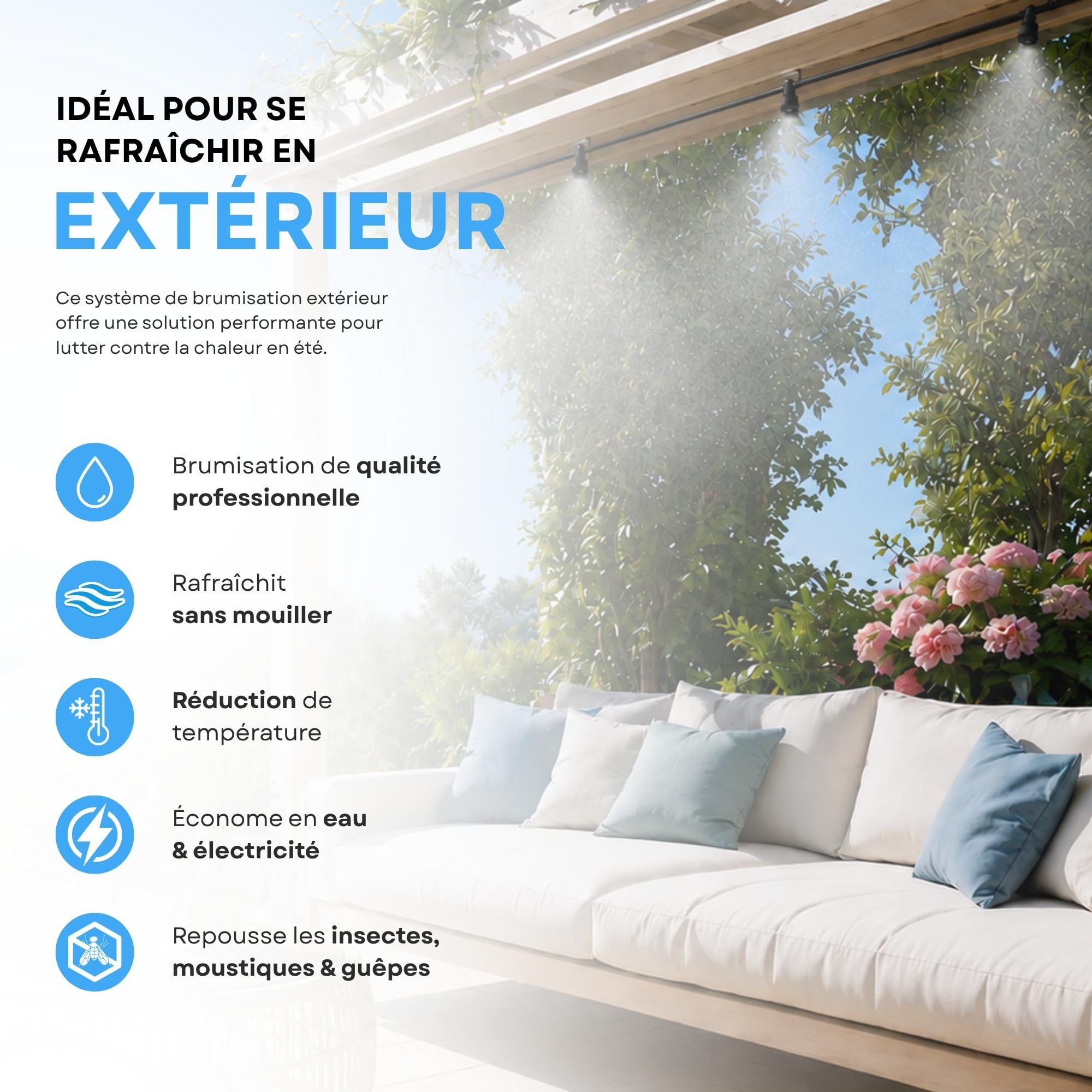 O’FRESH Brumisateur Terrasse Extérieur Haute Pression 60 Bars 14 Buses - Kit Brumisation Terrasse et Jardin - Surface jusqu’à 40 m² - Rafraîchissement Instantané - Télécommande - Conçu en France