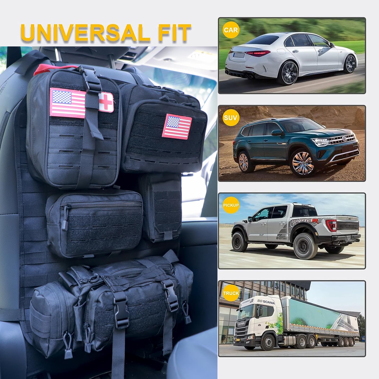 Universal Tactical Car Seat Back Organizer Bag Tactical Molle Vehicle Organizers Panel Vehicle Protector Organizers with 5 Detachable Pouches for Car Truck Ford Jeep (Upgraded D model Black)