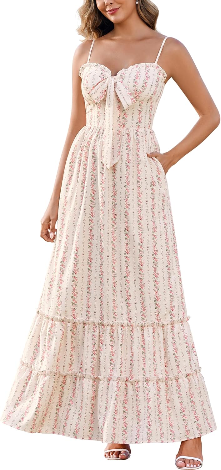 Womens Floral Front Tie Smocked Maxi Dress Spaghetti Strap Ruffled Tiered Summer Casual Boho Beach Sundress
