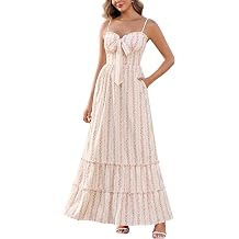 Womens Floral Front Tie Smocked Maxi Dress Spaghetti Strap Ruffled Tiered Summer Casual Boho Beach Sundress