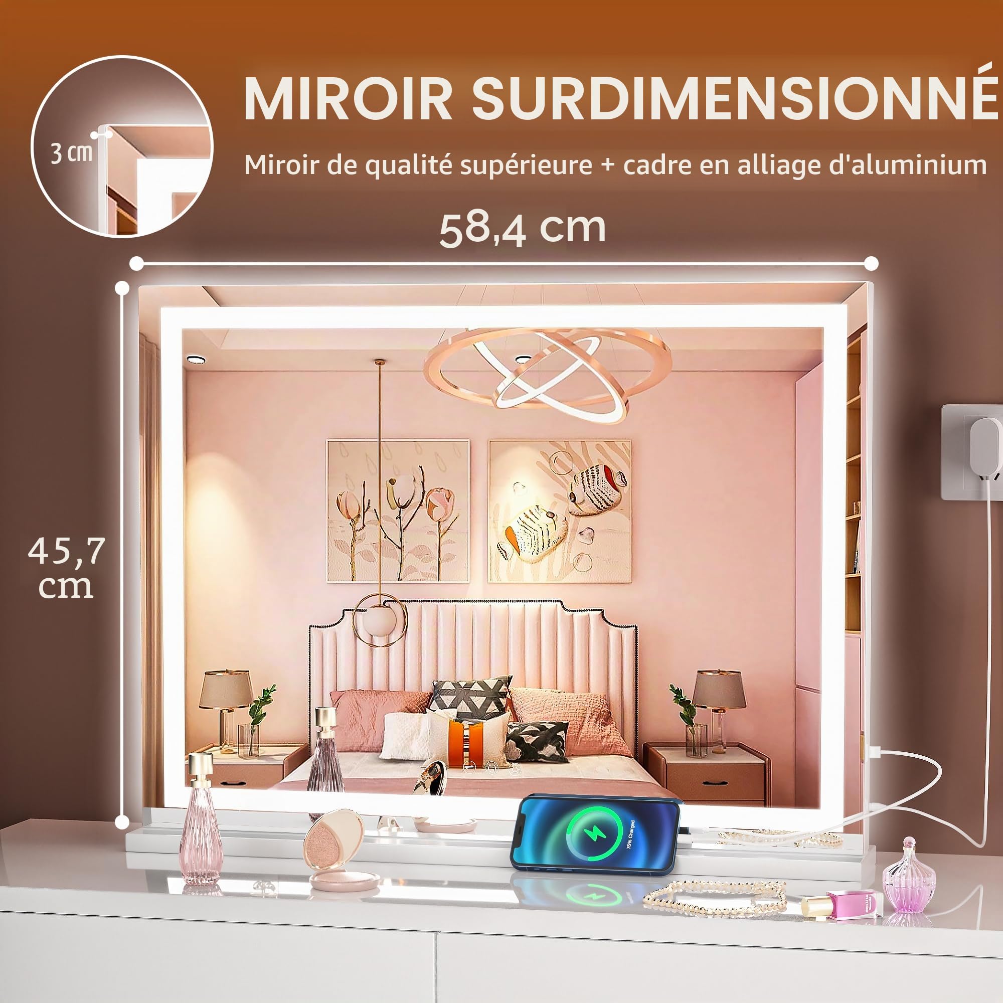 Hasipu Miroir de beauté avec lumières, 58 x 46 cm, Miroir de Maquillage avec 3 Modes dimmables et Commande à écran Tactile, carré Blanc