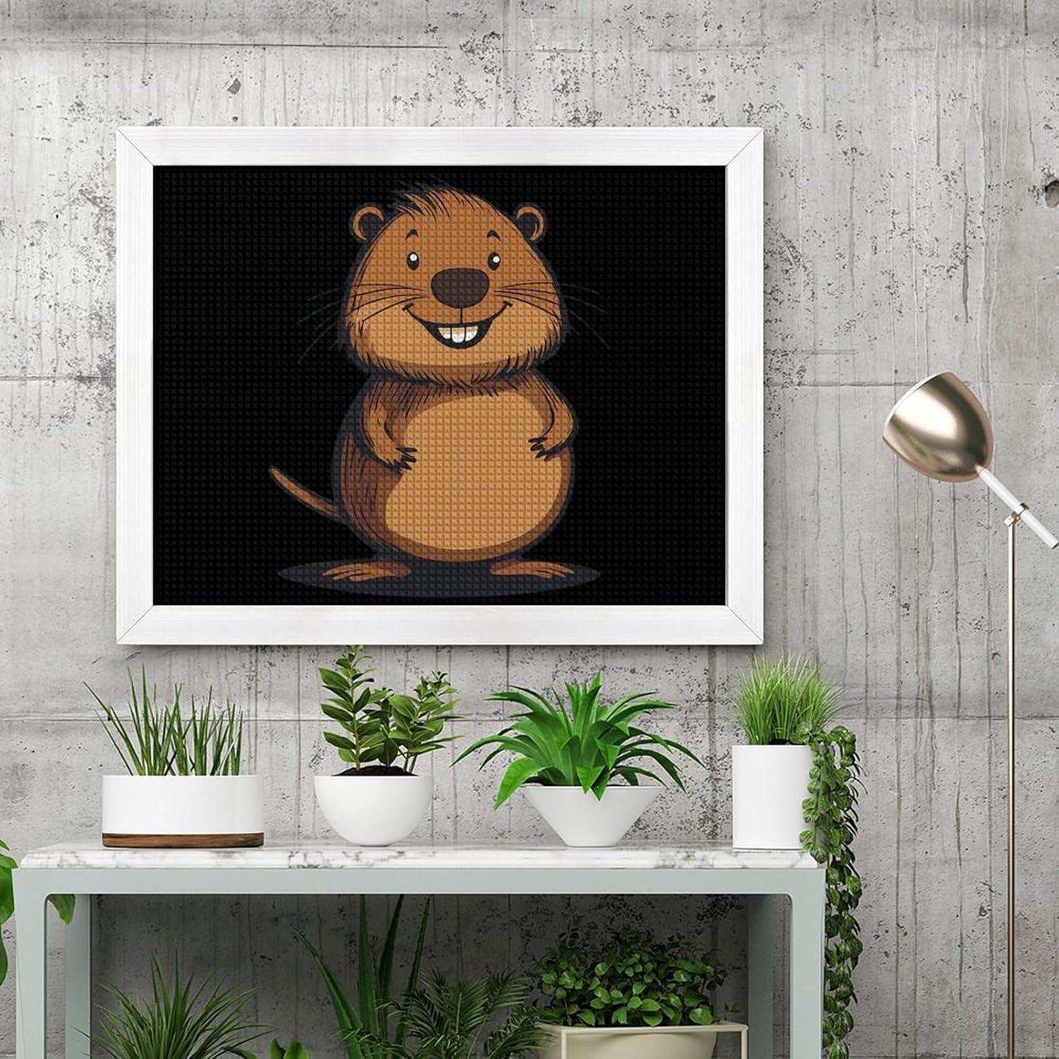 Cartoon Beaver Printed Diamond 5D Painting Kits DIY Full Drill Crafts for Home Wall Decor 16x20 Inch White Wood 50 * 40cm