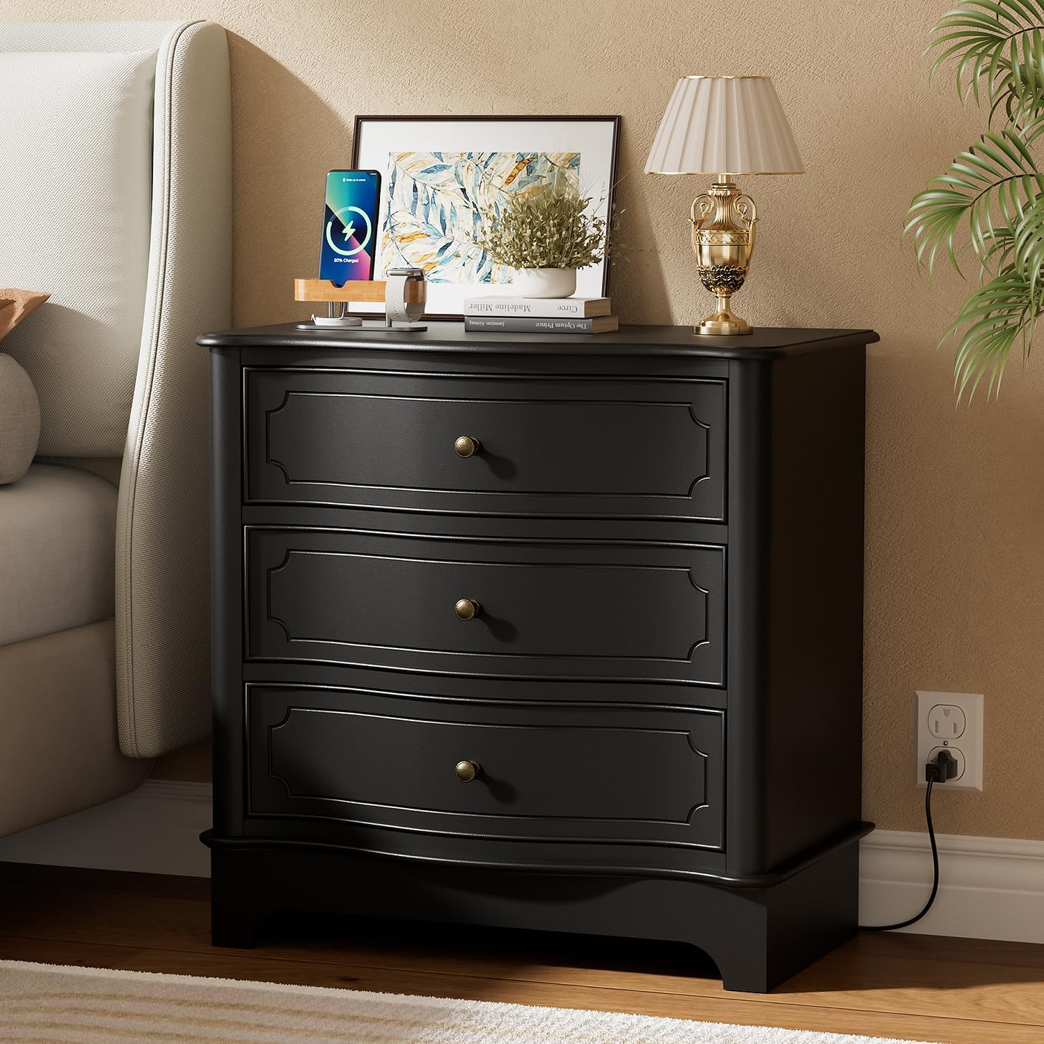 LegacyAmerhomeDirect 3-Drawer Farmhouse Nightstand with Charging Station, 28" Black Dresser for Bedroom, USB Ports & Outlets