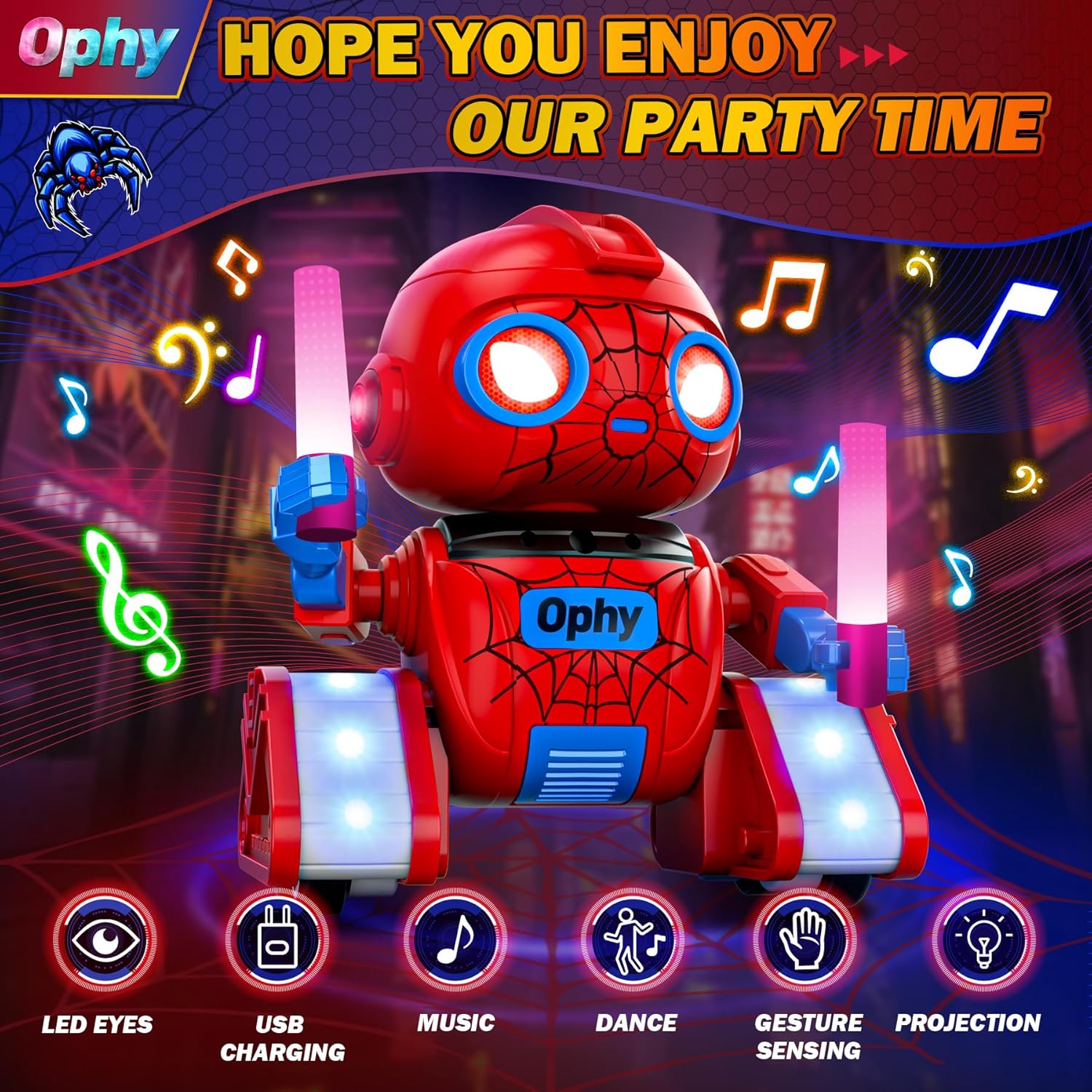 Ophy Robot with music notes and dance icons