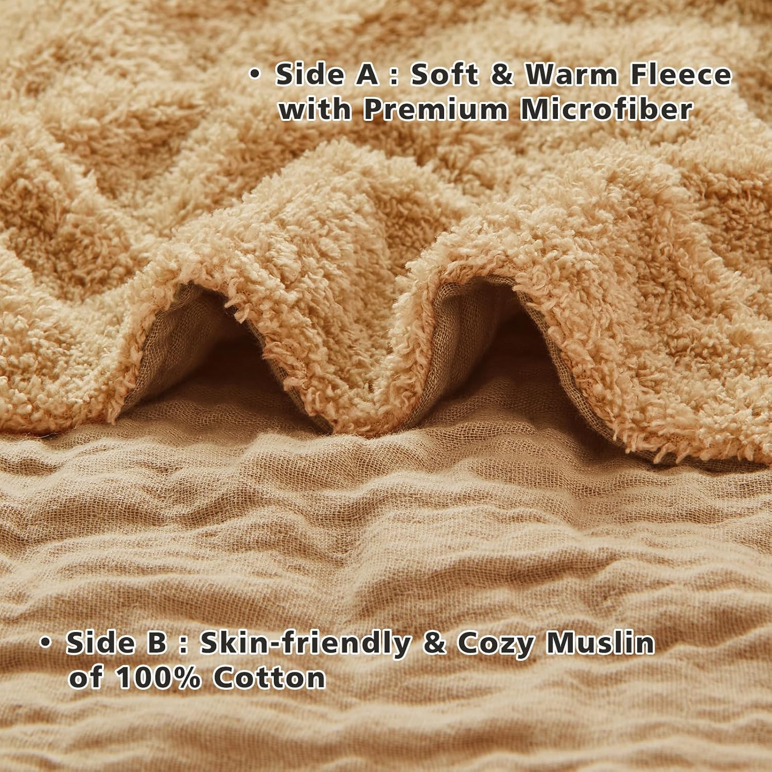 EMME Muslin and Fleece Twin Blanket Reversible - 60"*80" Beige Soft Warm Throw Blankets for Couch Bed Picnic Travel Bed - Image 3