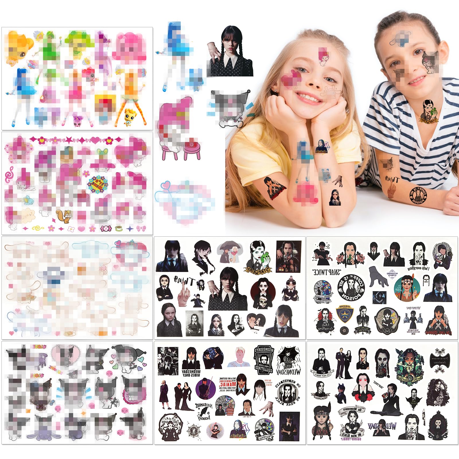 Kuromi Tatuajes Temporales Niños, 8 Hojas Tatoos Infantiles de Kuromi und Wed, Juego de Tatuaje de 200 estilos para Niñas, Niños, Regalos de Cumpleaños, Bolsas de Fiesta de Cumpleaños para Niños
