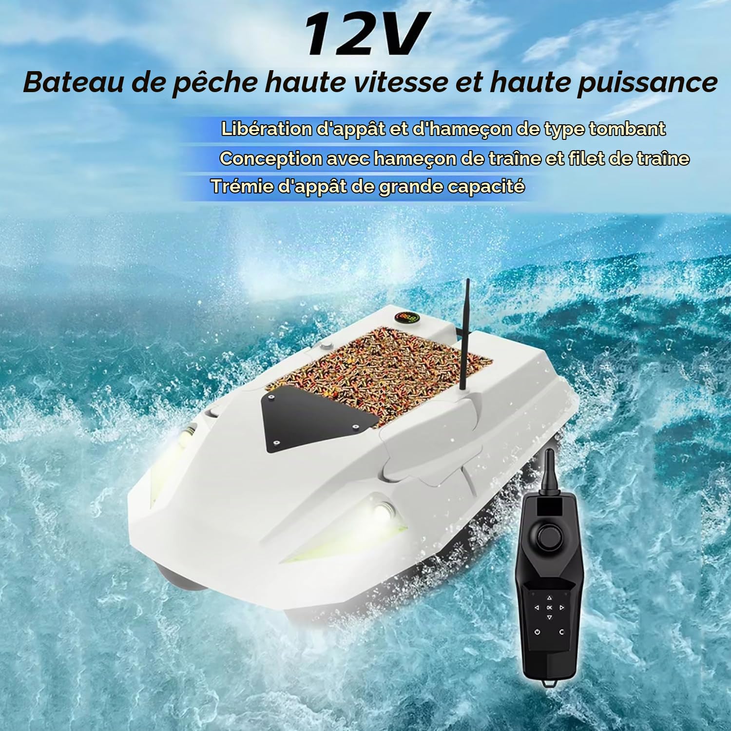Bateau amorceur Peche Carpe, Bateau de pêche appât avec GPS, 2 Batteries, éclairage de Nuit, positionnement 100 Points, Vitesse réglable, Filet de traîne, Charge de 2 kg (Blanc)