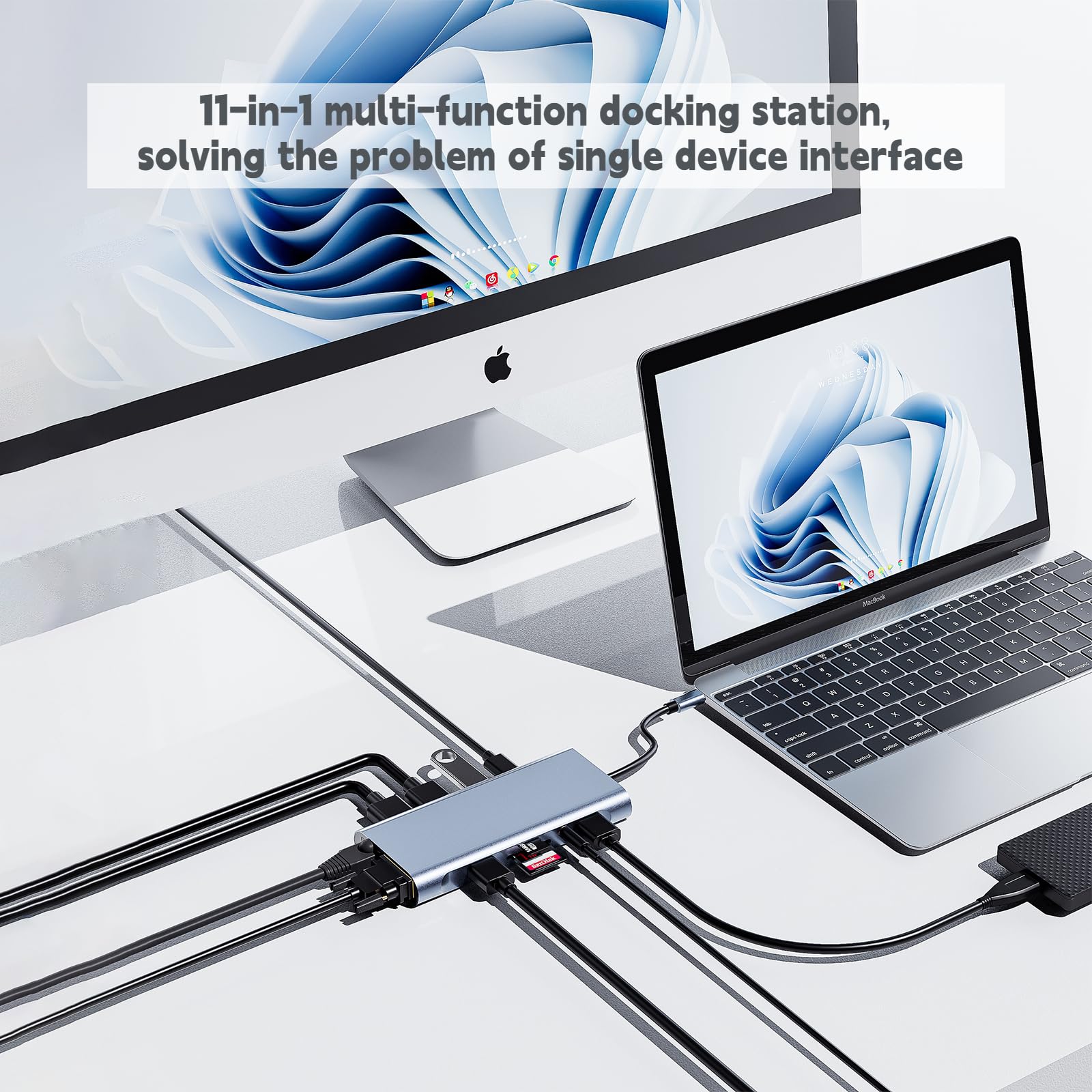 Hub USB C, adattatore USB C 11 in 1 docking station con HDMI 4K, VGA, 100W PD, USB3.0/2.0, RJ45 Gigabit Ethernet, lettore di schede SD/TF, audio da 3,5 mm, compatibile con MacBook Pro/Air, altri