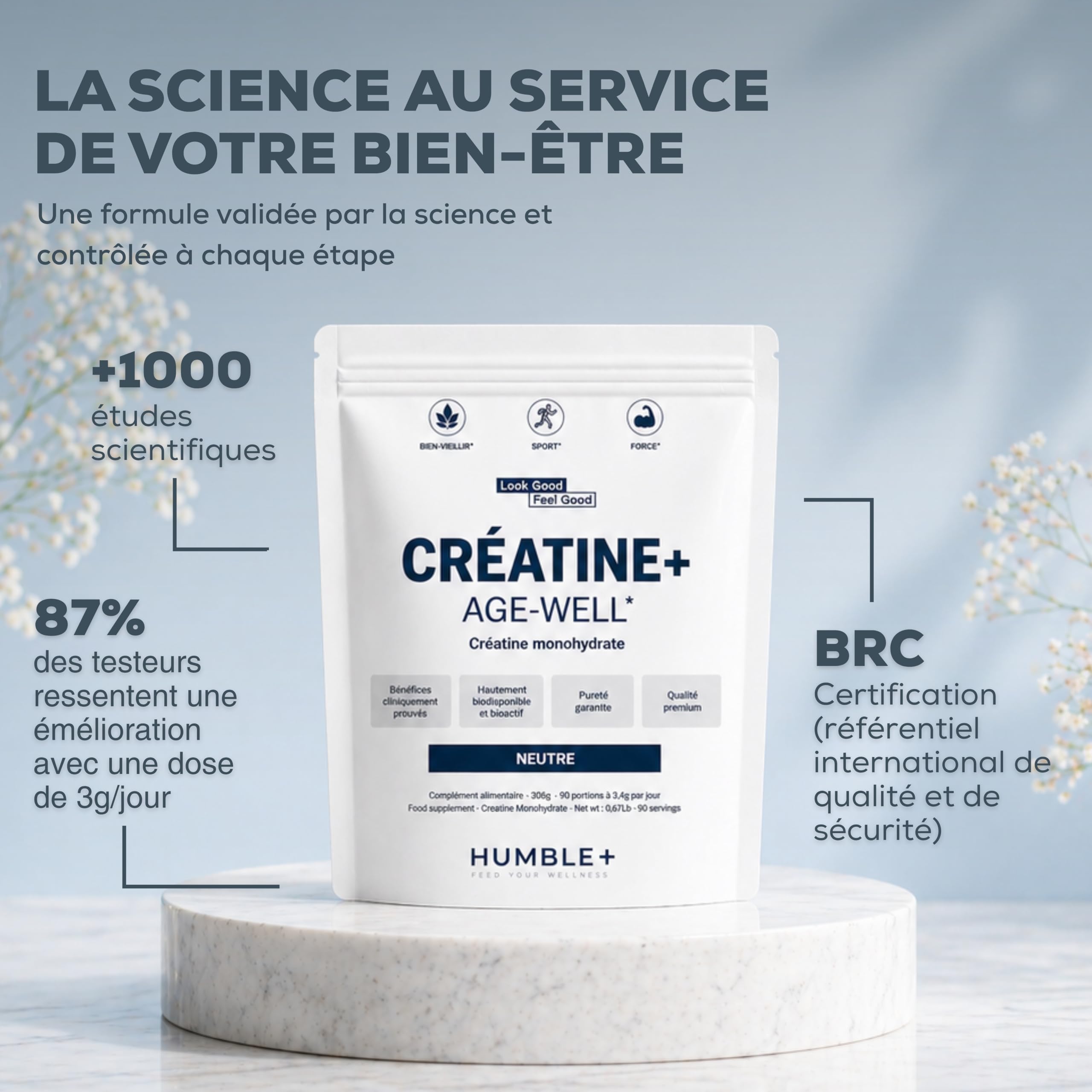 HUMBLE+ Pack Sport Starter - Créatine 306 g + 12 Barres + Protéine 600 g | Monohydrate, Encas Protéinés & Whey aux Peptides Marins Chocolat - Démarrage Entraînement - Marque Française