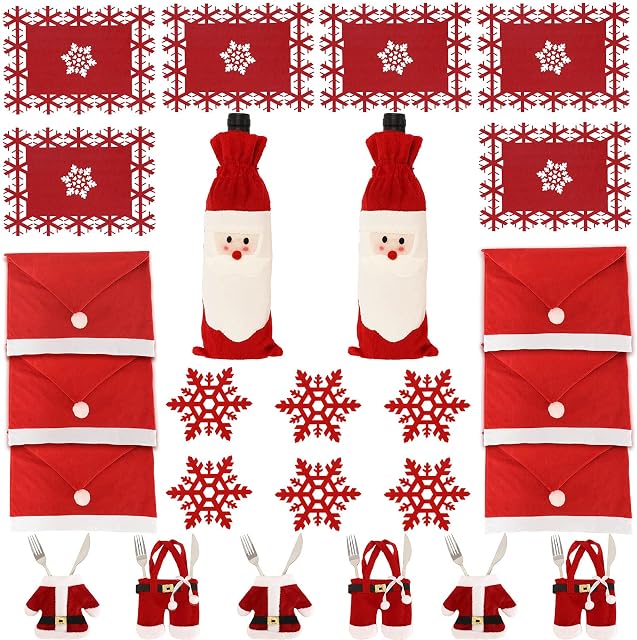 Whaline 26Pcs Christmas Dinner Table Decoration Set Santa Claus Silverware Cutlery Holder Snowflake Table Mat Cup Mat Wine Bottle Cover Bag Chair Back Covers for Xmas Home Party Decoration