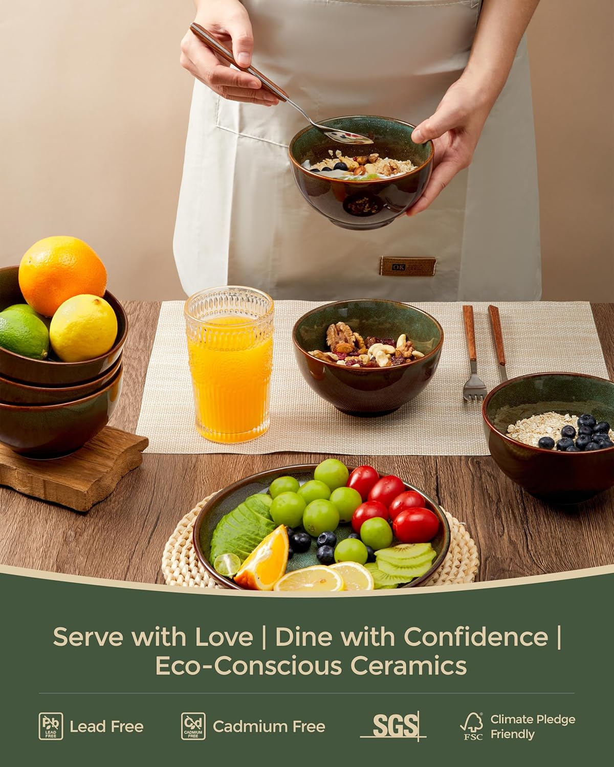 Stoneware Cereal Bowls Set of 6, 22 Oz Soup Bowls Set for Cereal Soup Snacks, Modern Kitchen Bowls for Meal, Dishwasher & Microwave Safe-Brown and Green - Image 3