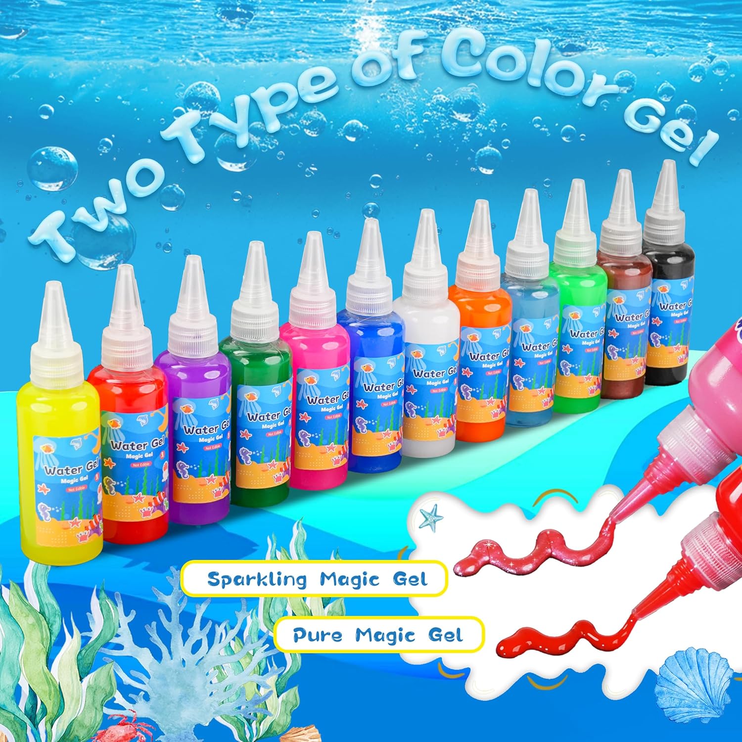Coniuty Magic Water Elf Powder Refill 4 Packs + 12 Color Gel (6 Sparkling + 6 Pure Color Gels) Aqua Fairy Toy Kit