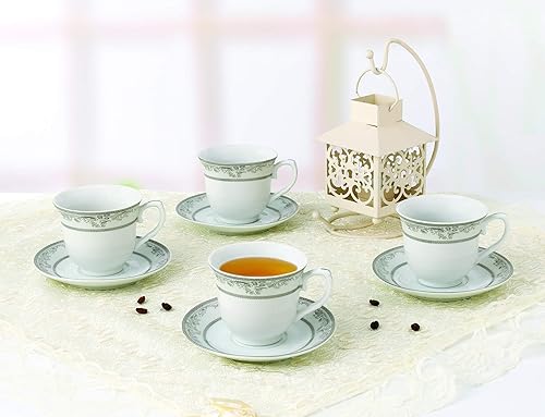Miniatura 9 de Elegante juego de tazas y platillos de té y café de porcelana, duraderos y coloridos, color negro y dorado, 8 onzas, juego de 4
