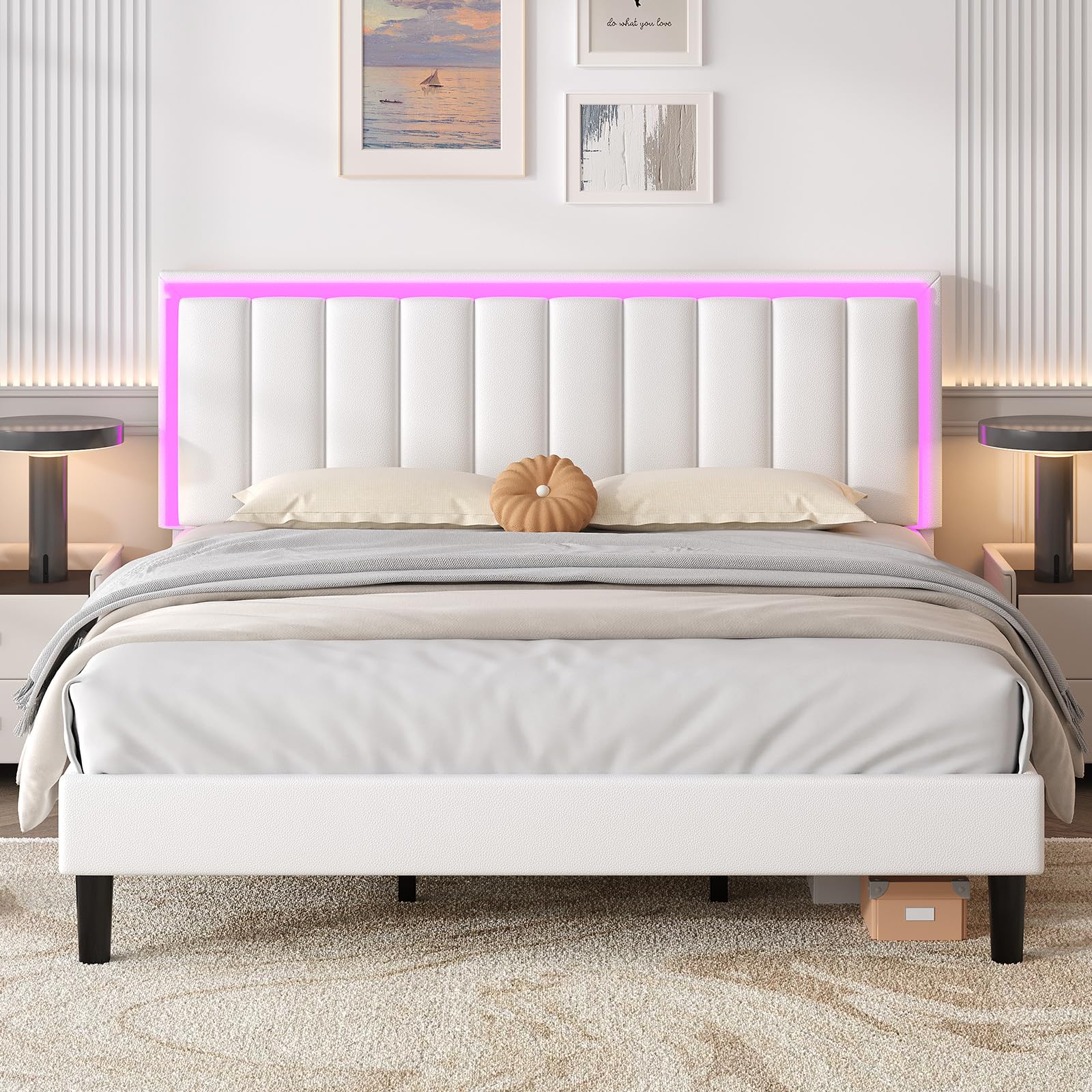 King Size Bed Frame with LED Lights Upholstered Bed Frame King King Bed Frame and Headboard No Box