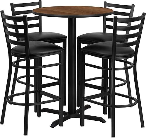 Miniatura 9 de Flash Furniture Juego de mesa redonda laminada de caoba de 30 pulgadas con base en X y 4 taburetes de metal con respaldo de escalera, asiento de