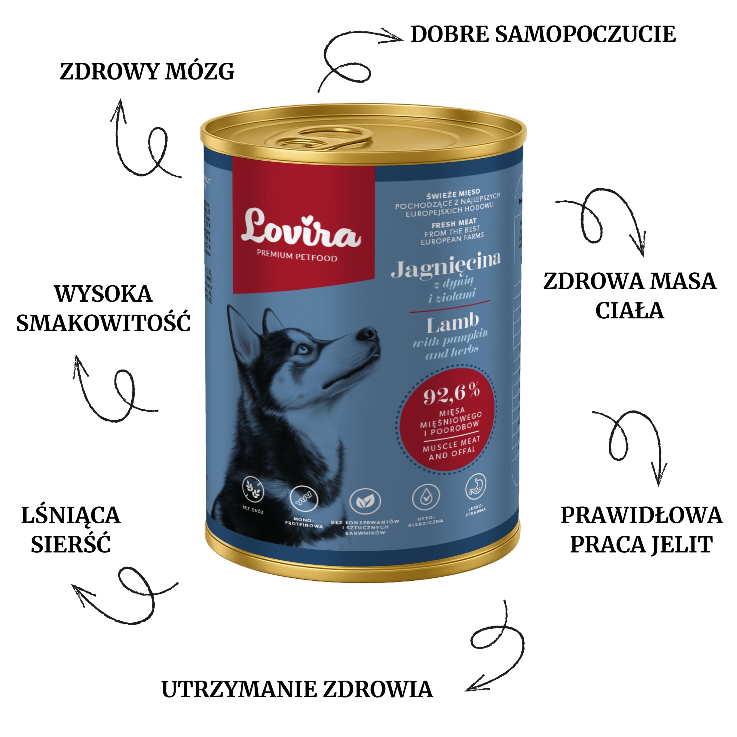 Lovira - Cibo umido per cani - Alimento umido per cani - con 74,6% di carne, senza cereali - agnello - Set con integratore 8 in 1 - con zucca - per cani adulti - in lattina, 6 x 400 g + 60 pezzi