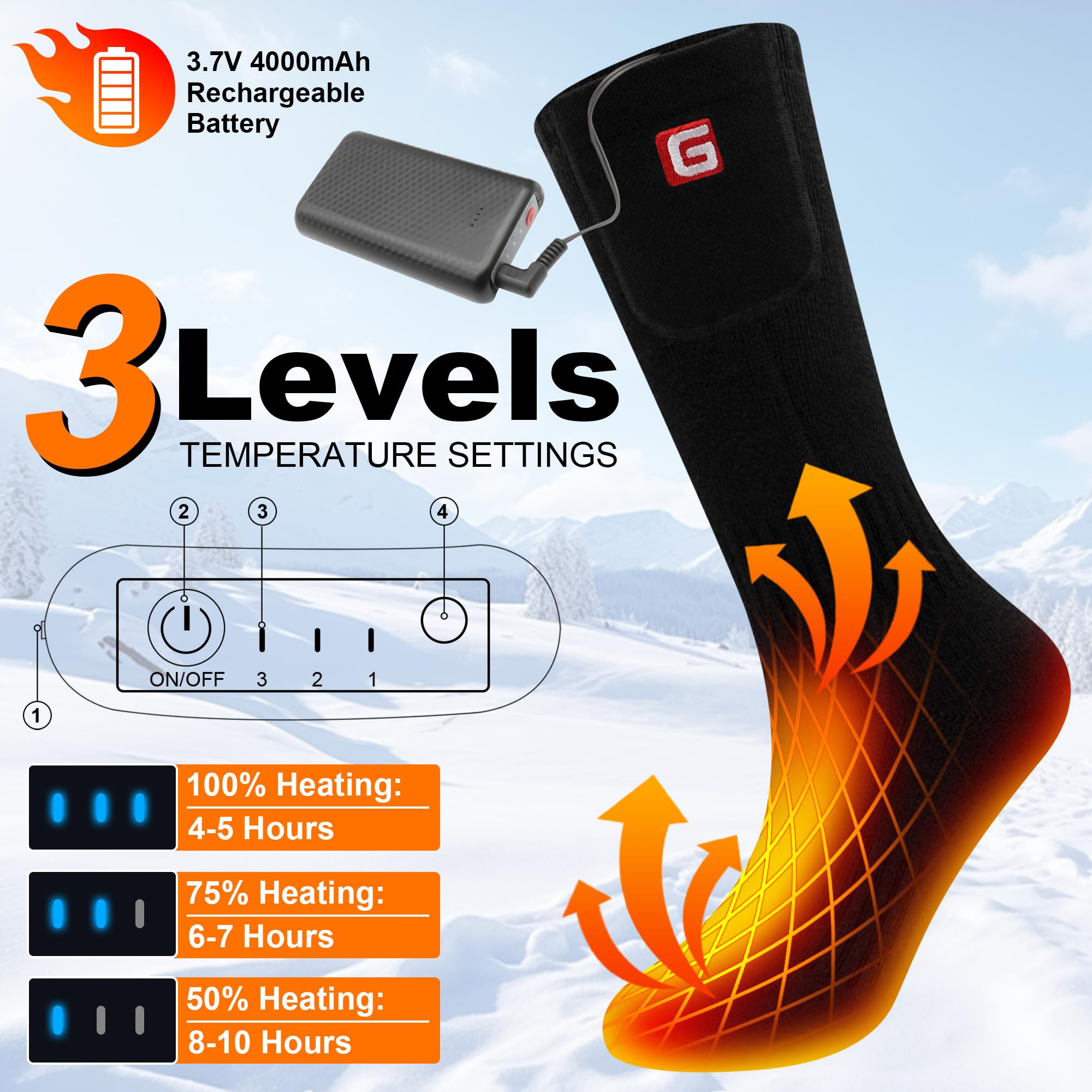 GEMSTONEGO Heated Socks for Men Women Electric Rechargeable Winter Heated Socks Warm Cotton Thermal Socks for Riding Camping Hiking Skiing Hunting