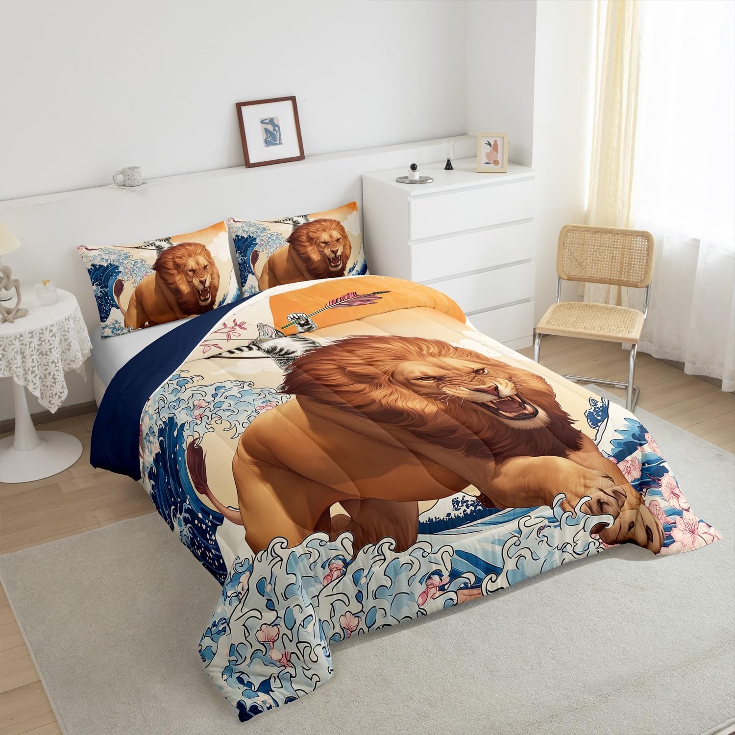 Japanese Twin Bedding Sets Funny Cat Riding Lion Comforter Set, Cool Novelty Wildlife Bedding Comforter Sets for Kids Child Ukiyo-E Sun Ocean Wave Duvet Insert, Cherry Blossoms Down Comforter image 5