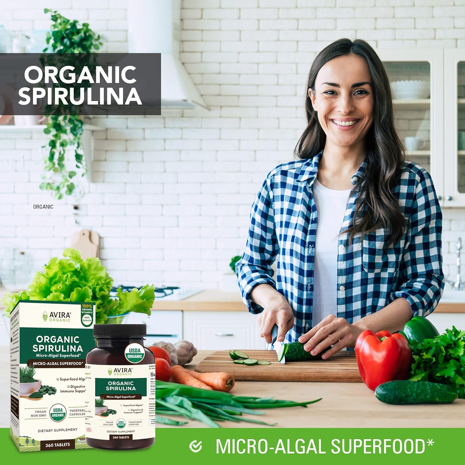 Avira Organic Spirulina, Micro-Algal Superfood, Best Spirulina, 500mg, 360 Tablets, High Chlorophyll, USP Certified, BioActive, Cultivated in Pristine Environment, Nutrient Rich, Super Green, Non GMO : Health & Household