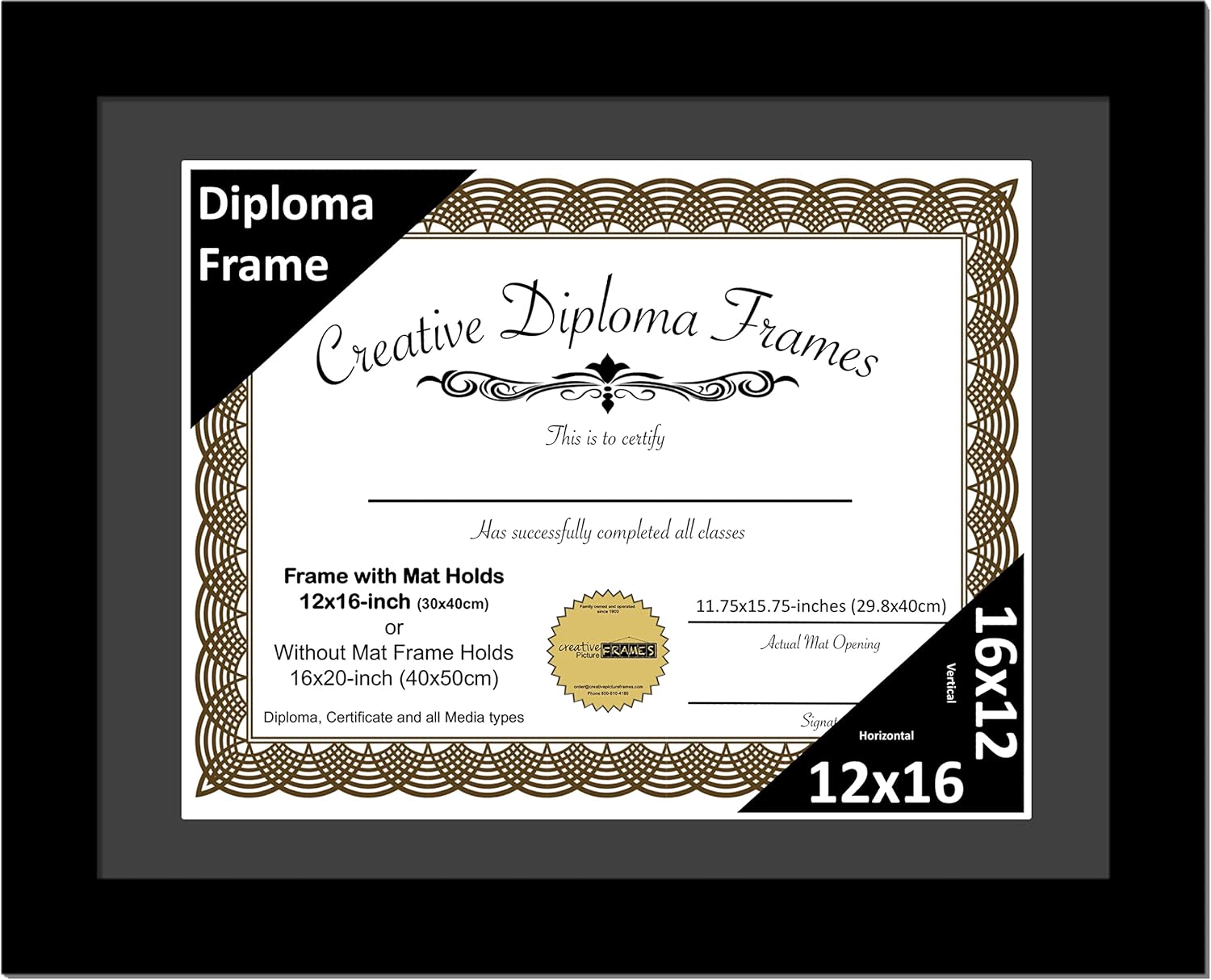 Creative Picture Frames 12x16 Classic Black Diploma Frame with Black Mat Glass Easel and Installed Wall Hangers | Frame Holds 16x20 Media without Mat