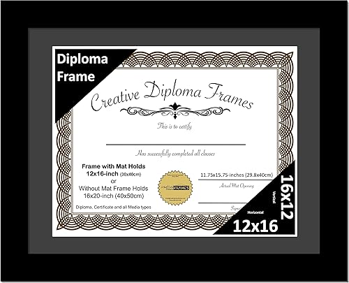 Creative Picture Frames Marco de diploma negro clásico de 12 x 16 pulgadas con paspartú negro de cristal y colgadores de pared instalados, marco con