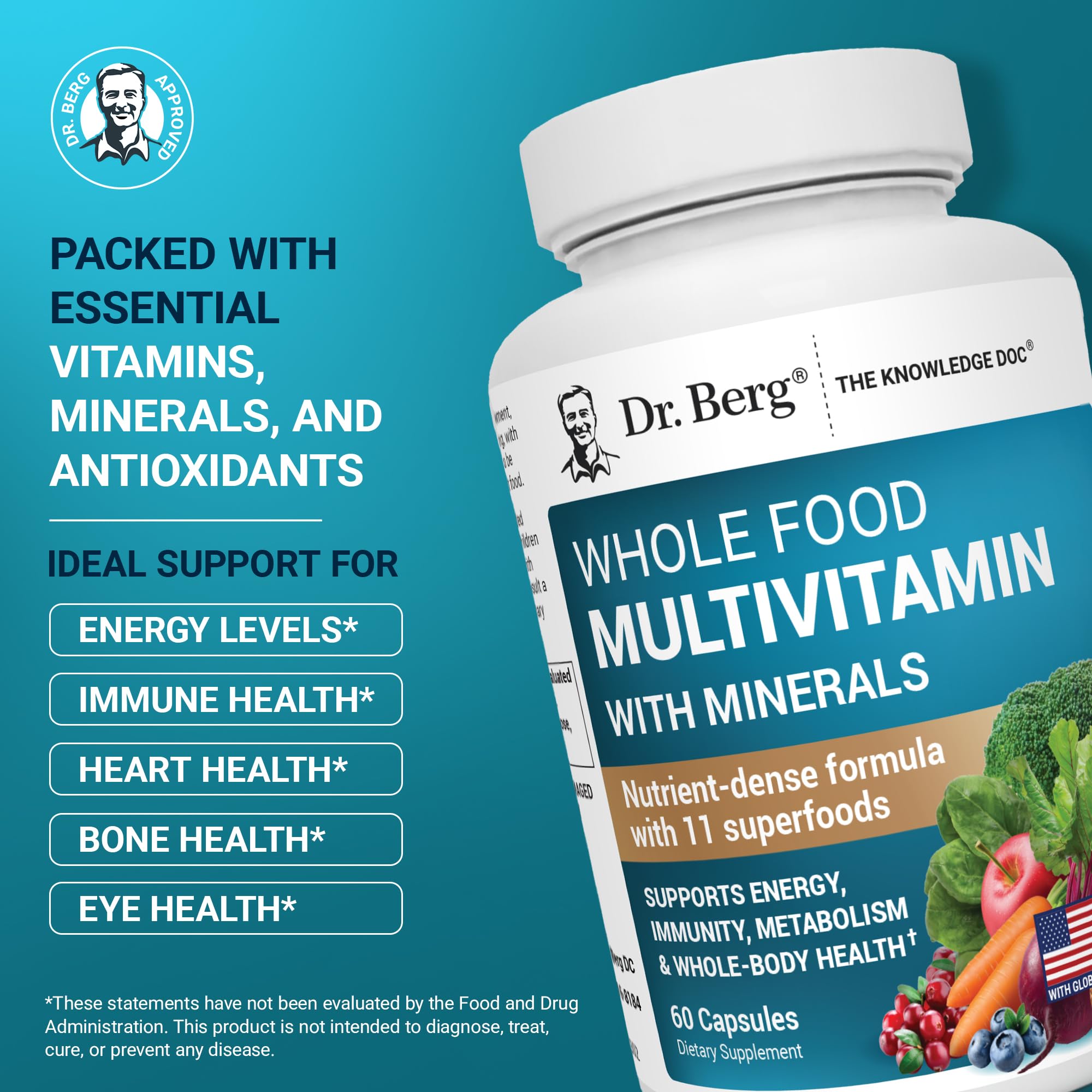 Dr. Berg Whole Food Multivitamin with Minerals - Daily Multivitamin for Men and Women - Includes Premium Whole Food Fruits and Vegetable Blend with Folate, Alpha-lipoic Acid and More - 60 Capsules — Amazon image 2