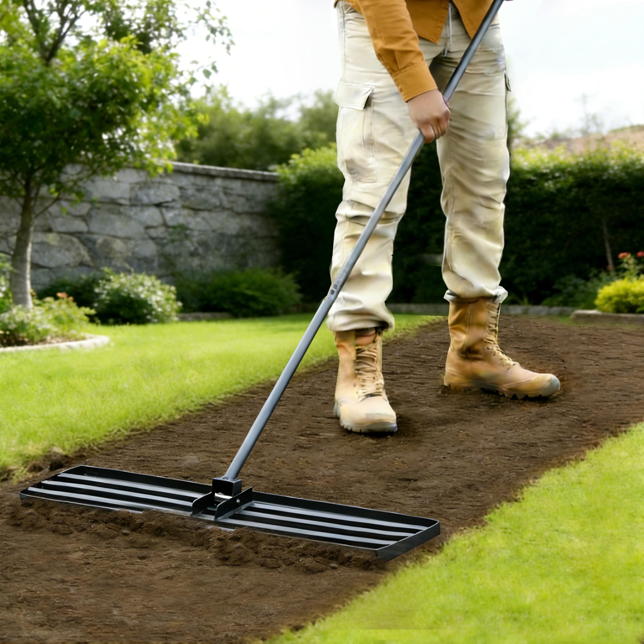 Rasen Rakel XXL,120x25cm Schwerer Nivellierrechen mit ergonomisch gebogenem 185cm Griff,Rasenrechen für Erde, Kies, Dünger, Ideal für Garten, Hof und Golfplatz Rasennivellierer
