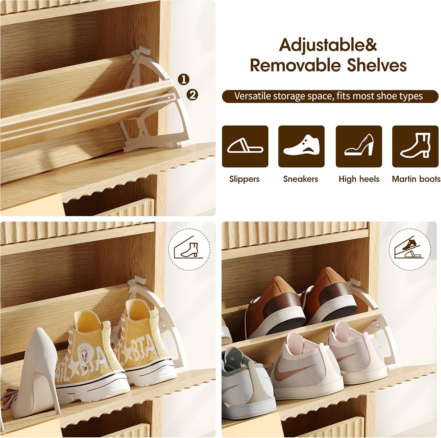 Fluted Shoe Storage Cabinet with 2 Flip Drawers & 2 Storage Drawers, Narrow Hidden Shoe Rack Organizer with Adjustable Shelf, Freestanding Slim Shoe Cabinet Storage for Entryway, Hallway, Foyer, Oak