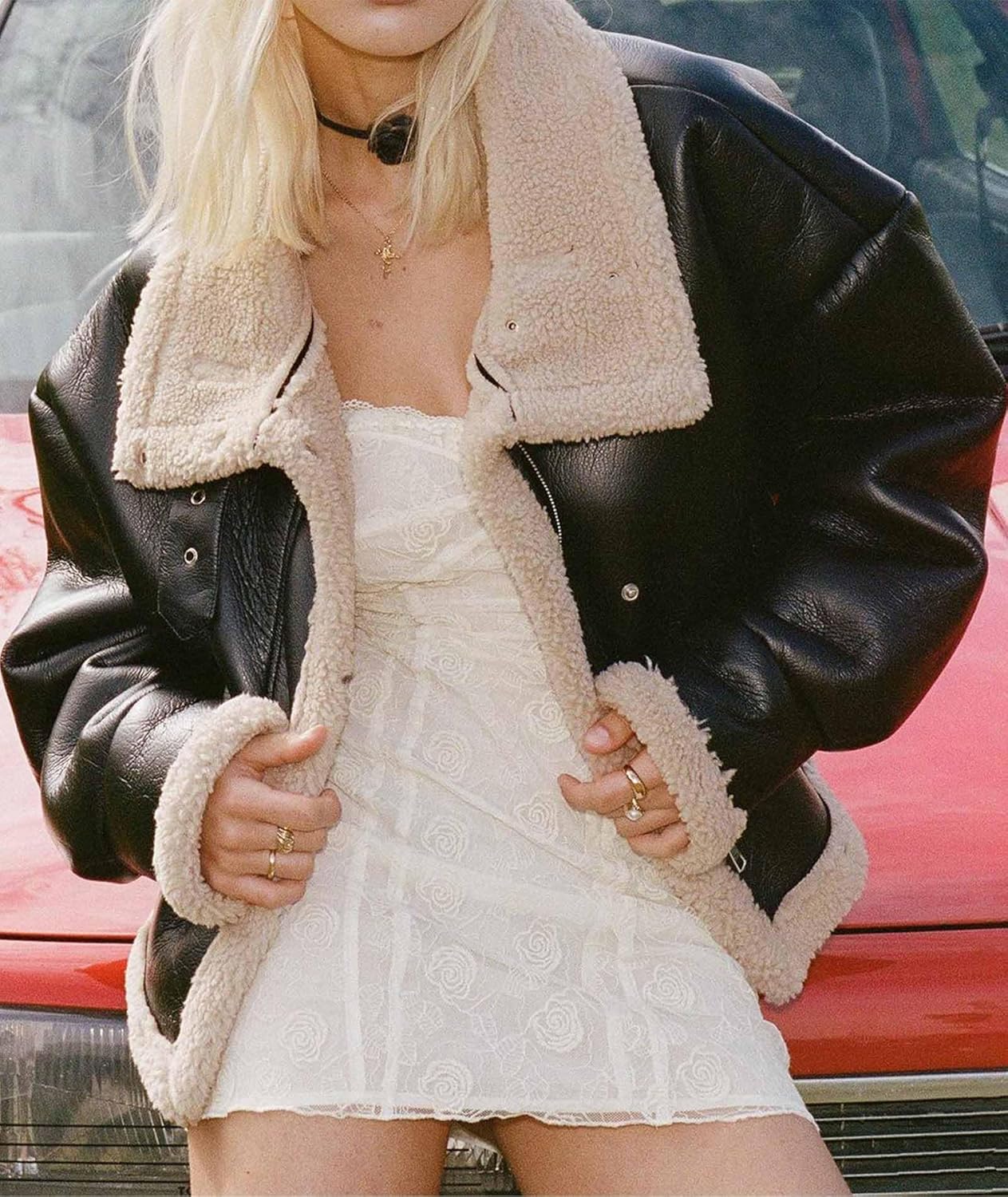 Sexyshine Women's Faux Shearing Moto Bomber Jacket Sherpa-Lined Coat Winter Aviator Leather Coat Outerwear - Image 2