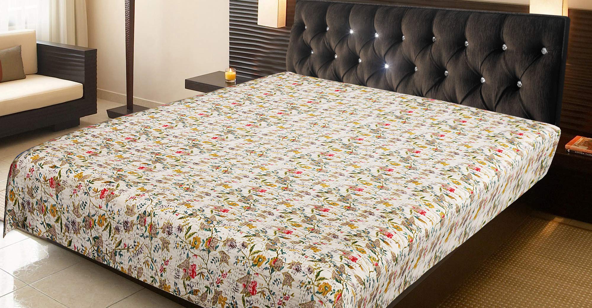 Indian-Shoppers Large Paradise Print Bedcover Reversible Kantha Bedspread Bohemian Queen Kantha Quilts Ethnic Hand Stitch Room Gudri Bohemian Coverlets Décor