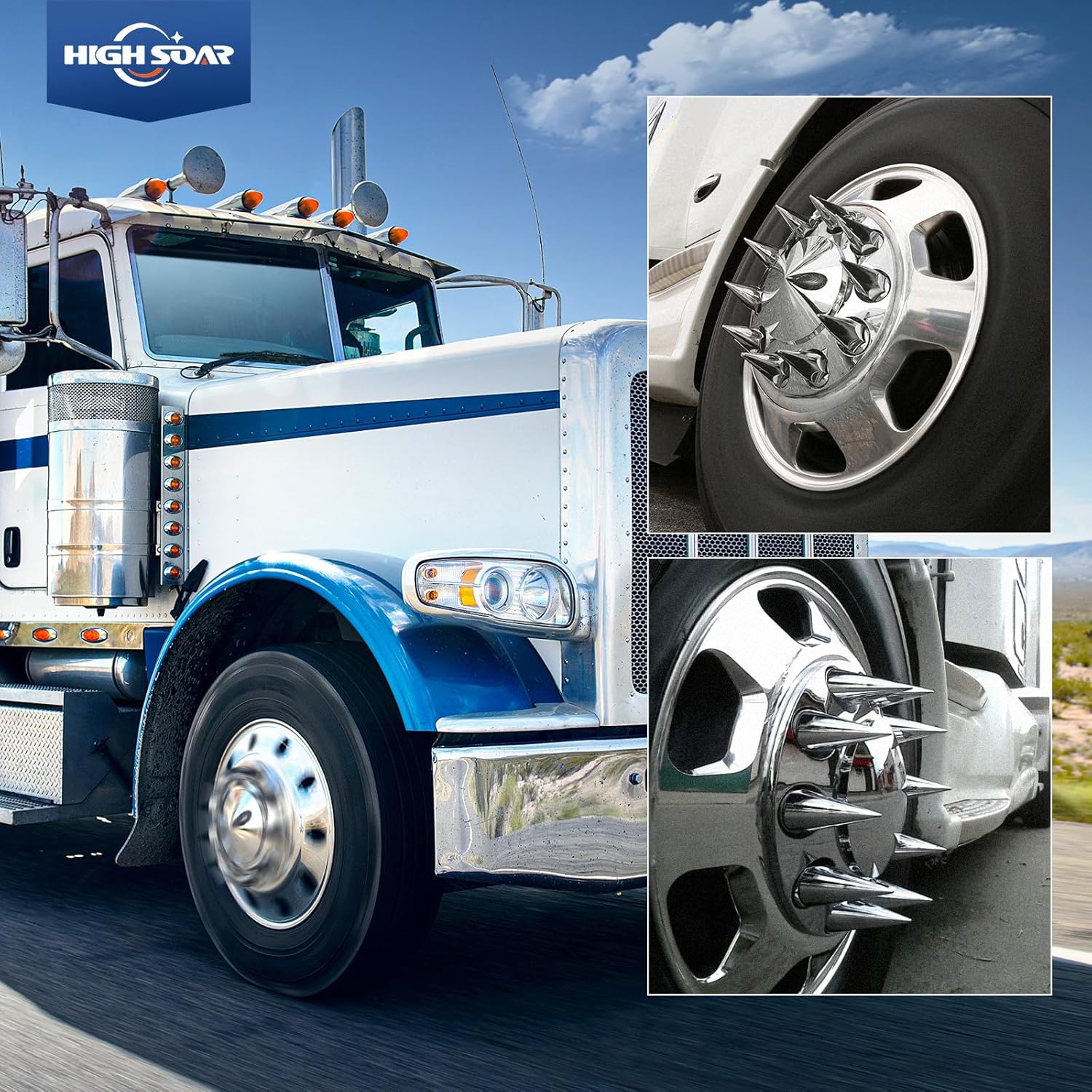 High Soar 33mm Chrome Lug Nut Covers Caps 20pcs for Volvo (VNL) & International & Peterbilt & Kenworth & Mack & Freightliner Semi Trucks Lug Nut Cover (Spikes Push-in)