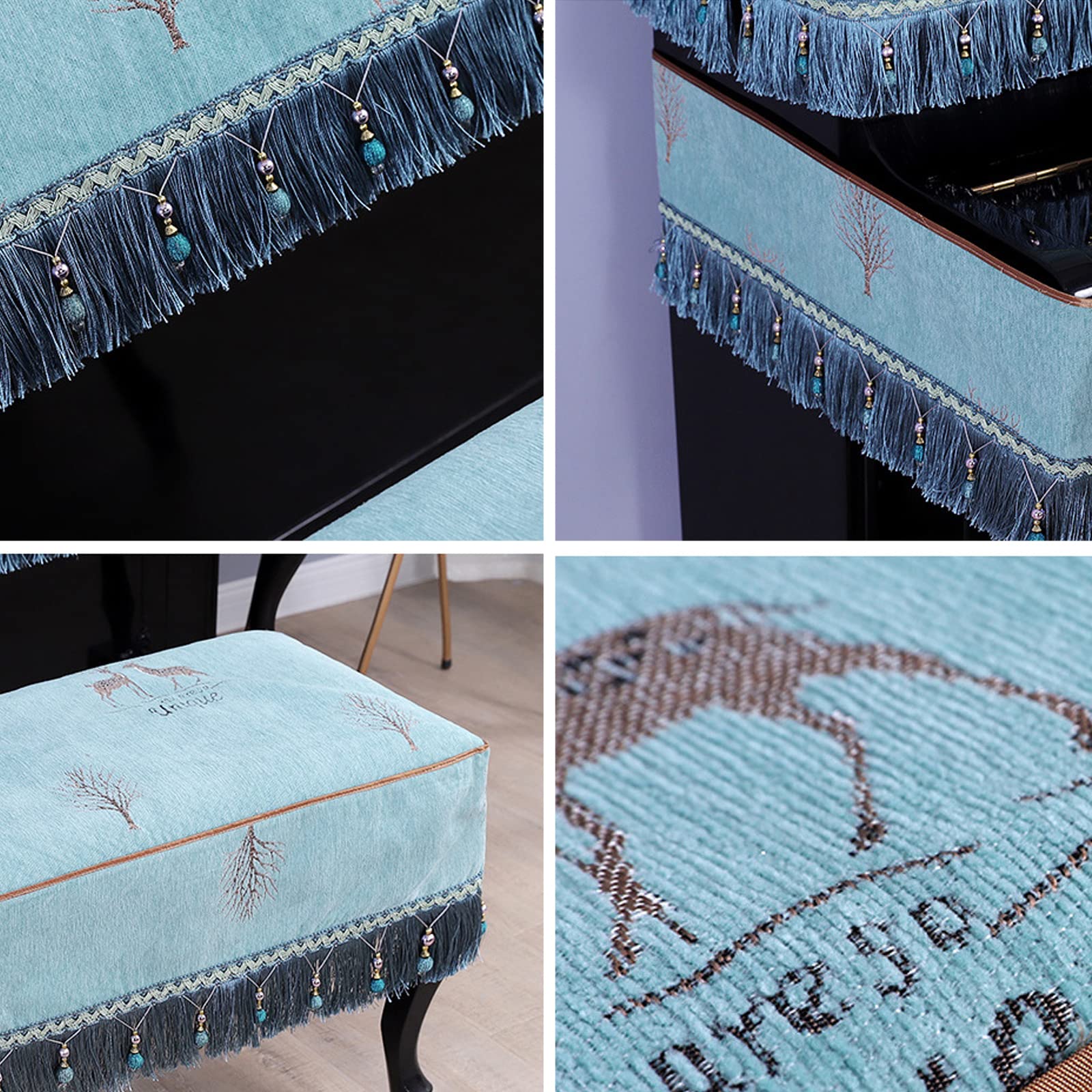 Copertura in Tessuto Poncho per Pianoforte, Mezza Copertura per Pianoforte Europeo, Copertura per Tastiera Elettronica per Pianoforte con Copri Sgabello,Blue-with Double Stool Cover