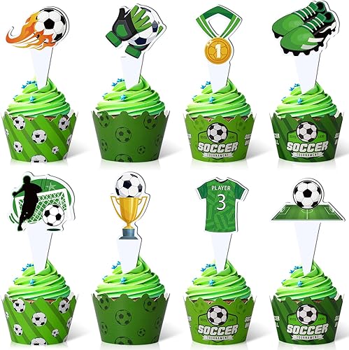 48 piezas de decoración de cupcakes de fútbol y envoltorios para fiestas de fútbol, decoraciones de cupcakes de fútbol para niños, adolescentes,