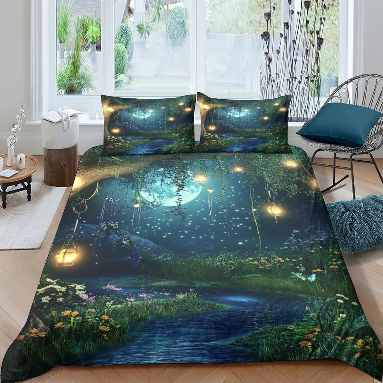 Ctjqhvkz Style-4 3D Printed Moonlit Forest Fitted Sheet Microfiber Soft Glow River Bed Cover For Bedroom Guest Room Decor Protection Single（135X200cm）