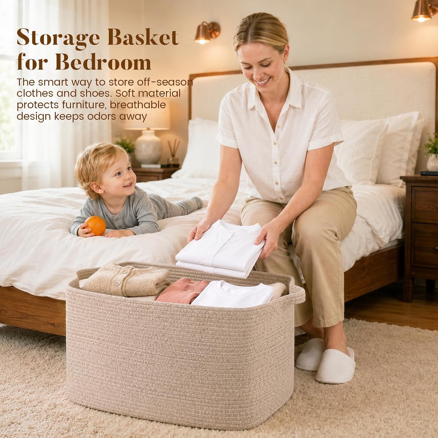 65L Large Woven Blanket Basket for Living Room, 19.7"x15.7"x11.8" image 5