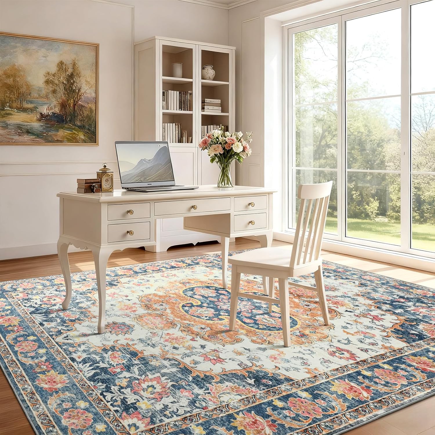 6x9 Area Rug for Living Room, Machine Washable Rugs with Non-Slip Backing for Bedroom, Vintage Throw Rugs Low Pile Carpet for Dining Room Kitchen Office Home Decor, Blue