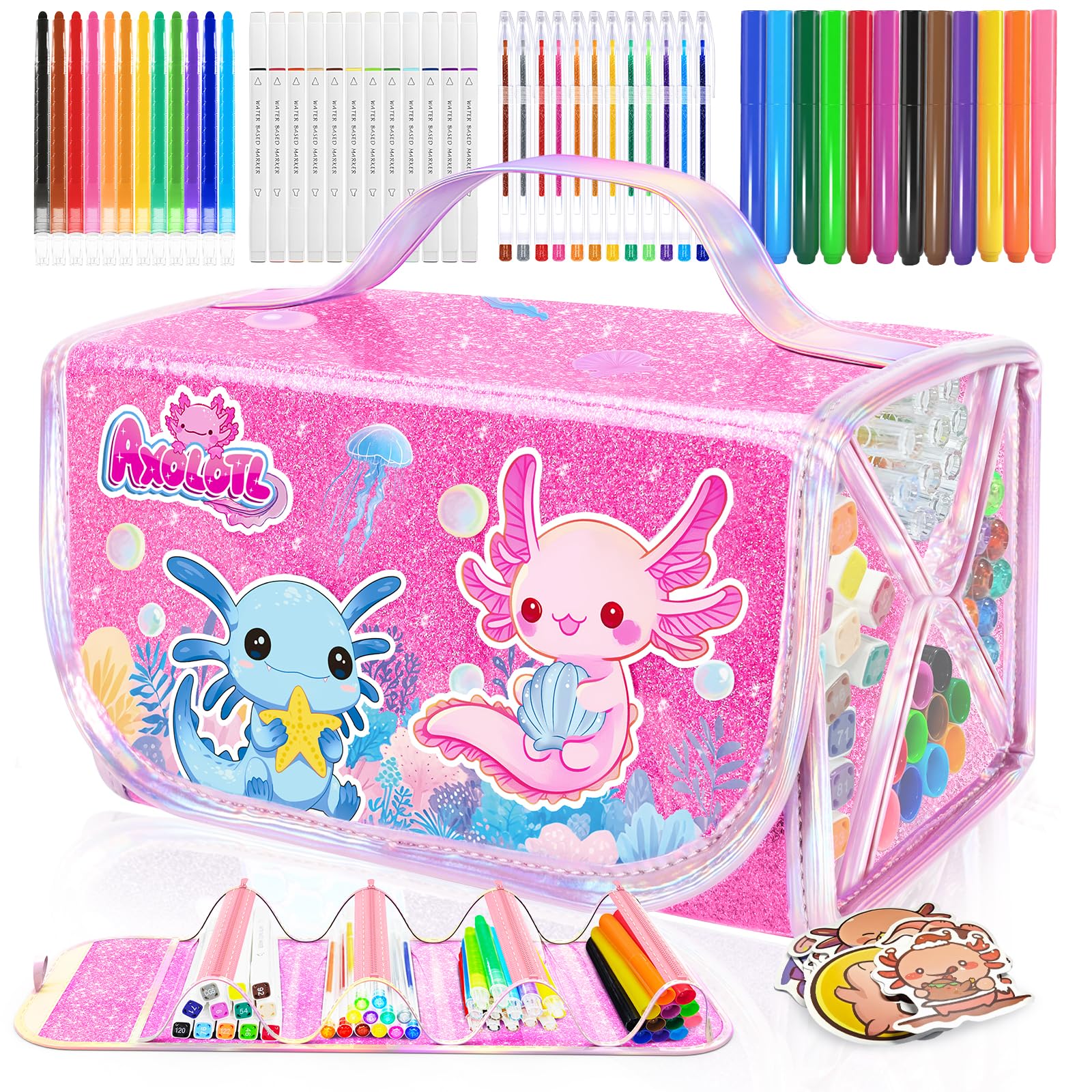 JYPS Axolotl Children's Paint Case with Case, 70 Pieces Washable Markers for Colouring Set of Paint, Crayons, Watercolors, Coloured Case Drawing Toys Gift Children 4 5 6 7 8 Years
