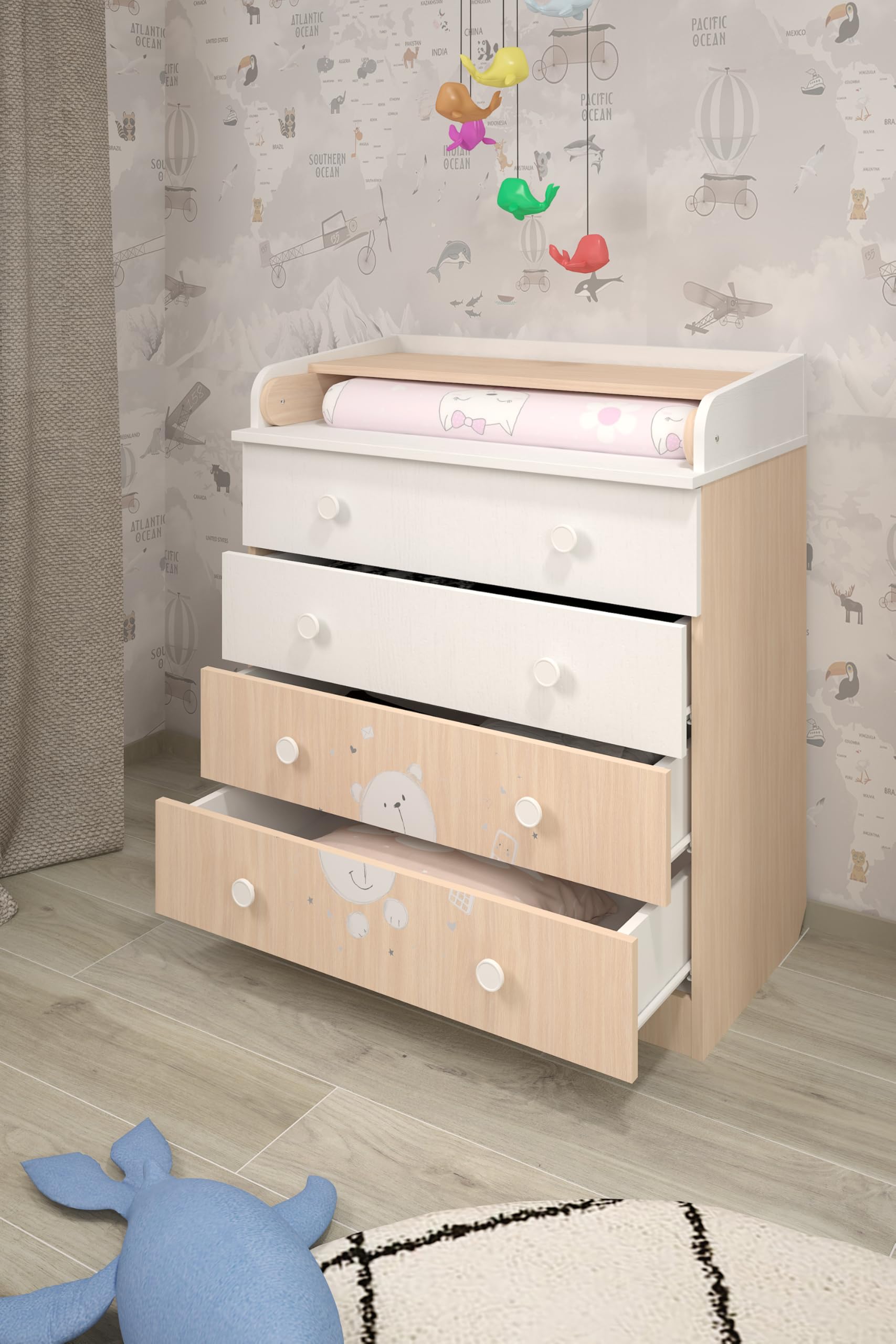 Shefa Kids Wickelkommode 800 Teddy, Weiß-Pastell Eiche, 80,4 x 48 x 91,7 cm, 4 Schubladen, Qualitäts-Wickeltisch aus österreichischem Kronospan