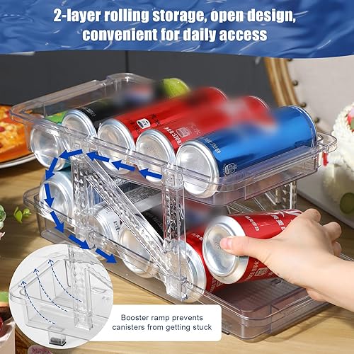 Miniatura 5 de Soaoo Organizador de latas de soda ajustable de 2 piezas de ancho para refrigerador, dispensador de bebidas expandible, transparente, 2 capas,